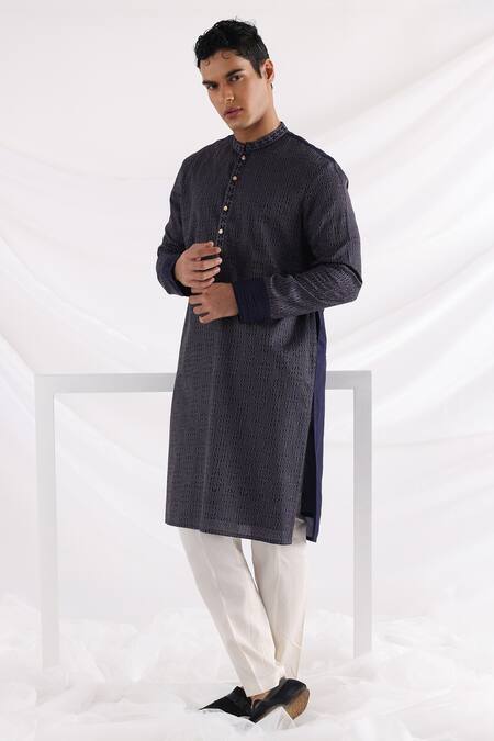 Smriti By Anju Agarwal_Blue Cotton Geometric Pattern Kurta Set_Online_at_Aza_Fashions