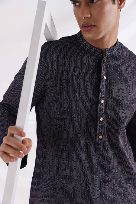 Buy_Smriti By Anju Agarwal_Blue Cotton Geometric Pattern Kurta Set_Online_at_Aza_Fashions