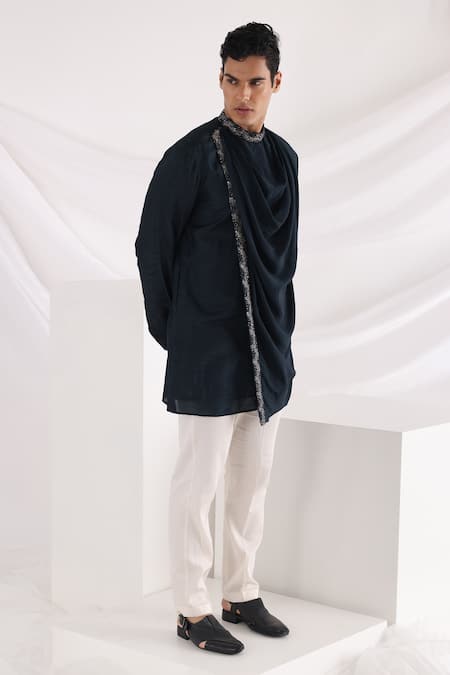 Smriti By Anju Agarwal_Blue Bamboo, Silk, Cotton Embroidery Draped Kurta Set _Online_at_Aza_Fashions