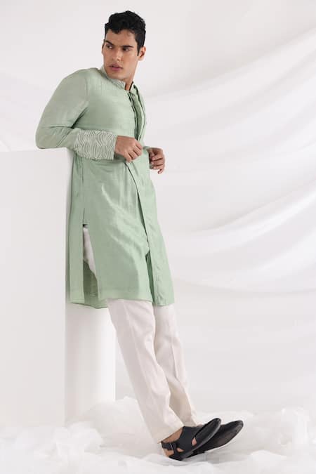 Smriti By Anju Agarwal_Green Bamboo, Cotton Embroidery Overlap Kurta Set _Online_at_Aza_Fashions
