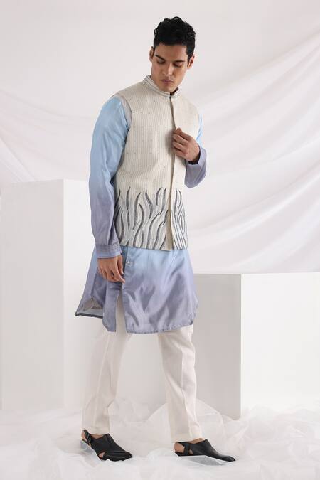 Smriti By Anju Agarwal_Ivory Linen, Satin Embroidery Abstract Bundi _Online_at_Aza_Fashions