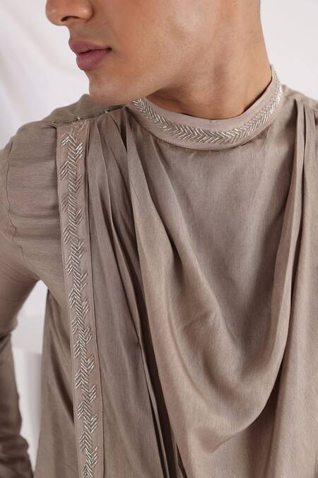 Buy_Smriti By Anju Agarwal_Beige Bamboo, Cotton Embroidery Overlap Draped Kurta Set _Online_at_Aza_Fashions