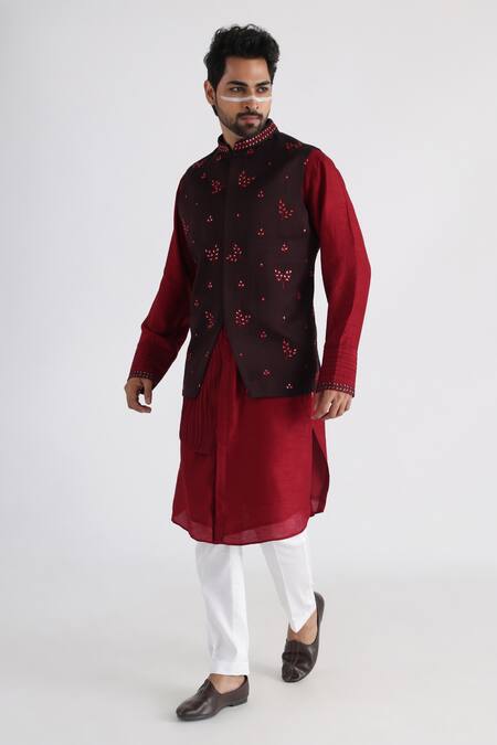 Smriti By Anju Agarwal_Brown Linen, Satin Embroidery Leaf Nehru Jacket _Online_at_Aza_Fashions