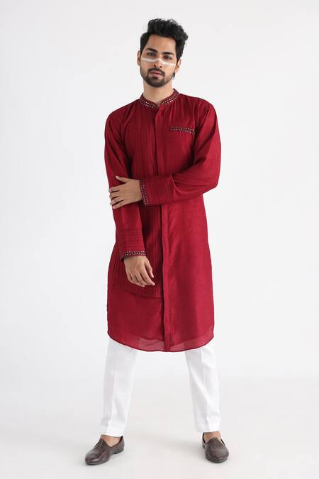 Buy_Smriti By Anju Agarwal_Brown Linen, Satin, Bamboo, Silk, Cotton Embroidery, Leaf Bundi And Kurta Set _Online_at_Aza_Fashions