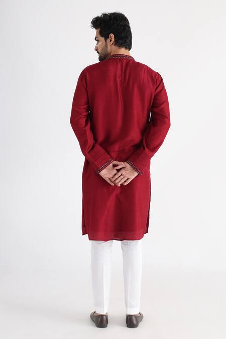 Smriti By Anju Agarwal_Brown Linen, Satin, Bamboo, Silk, Cotton Embroidery, Leaf Bundi And Kurta Set _at_Aza_Fashions