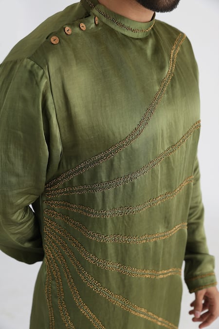 Smriti By Anju Agarwal_Green Silk, Cotton Beads Hand Embroidered Kurta Set _Online_at_Aza_Fashions