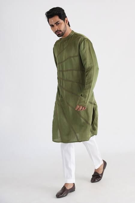 Buy_Smriti By Anju Agarwal_Green Silk, Cotton Beads Hand Embroidered Kurta Set _Online_at_Aza_Fashions