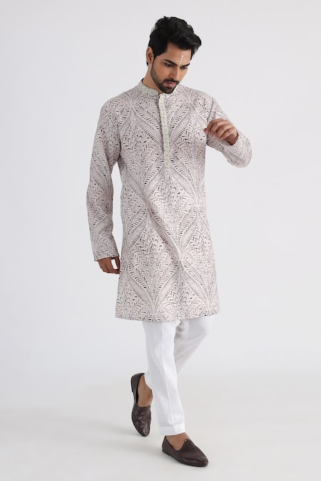 Buy_Smriti By Anju Agarwal_Off White Linen, Cotton Embroidery, Sequins Aaref Printed Kurta Set _Online_at_Aza_Fashions