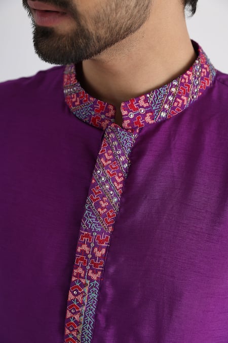 Smriti By Anju Agarwal_Purple Bamboo, Cotton Embroidery Emir Placket Kurta Set _Online_at_Aza_Fashions