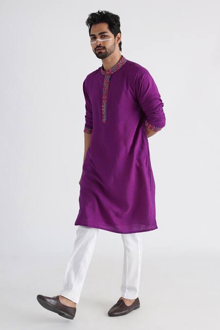 Buy_Smriti By Anju Agarwal_Purple Bamboo, Cotton Embroidery Emir Placket Kurta Set _Online_at_Aza_Fashions
