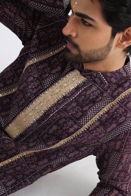 Smriti By Anju Agarwal_Brown Muslin, Cotton Embroidery Contrast Floral Print Kurta Set _Online_at_Aza_Fashions