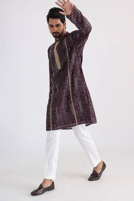 Buy_Smriti By Anju Agarwal_Brown Muslin, Cotton Embroidery Contrast Floral Print Kurta Set _Online_at_Aza_Fashions