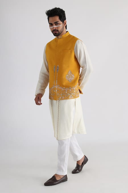 Buy_Smriti By Anju Agarwal_Yellow Bamboo Embroidery Hand Nehru Jacket _Online_at_Aza_Fashions