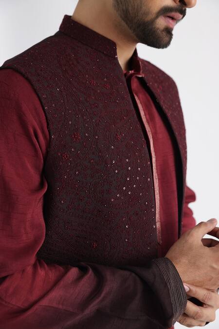 Smriti By Anju Agarwal_Brown Bamboo, Cotton Embroidery, Cut Work Nehru Jacket And Kurta Set _Online_at_Aza_Fashions