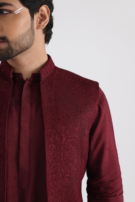 Buy_Smriti By Anju Agarwal_Maroon Linen, Satin Cut Work Paisley Embroidered Nehru Jacket _Online_at_Aza_Fashions