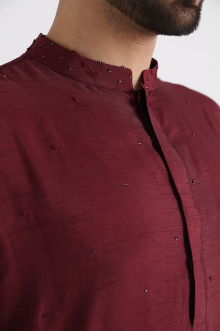 Shop_Smriti By Anju Agarwal_Maroon Bamboo, Silk, Linen, Satin, Paisley Embroidered Nehru Jacket And Kurta Set _Online_at_Aza_Fashions