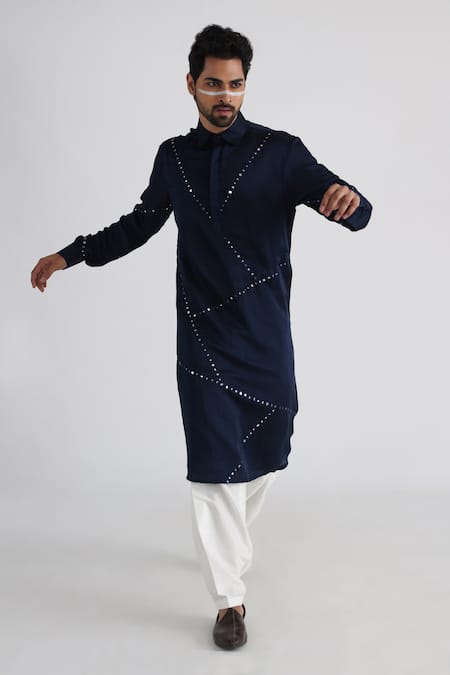 Buy_Smriti By Anju Agarwal_Blue Linen, Satin, Cotton Mirrors Nilah Embroidered Kurta Set _Online_at_Aza_Fashions