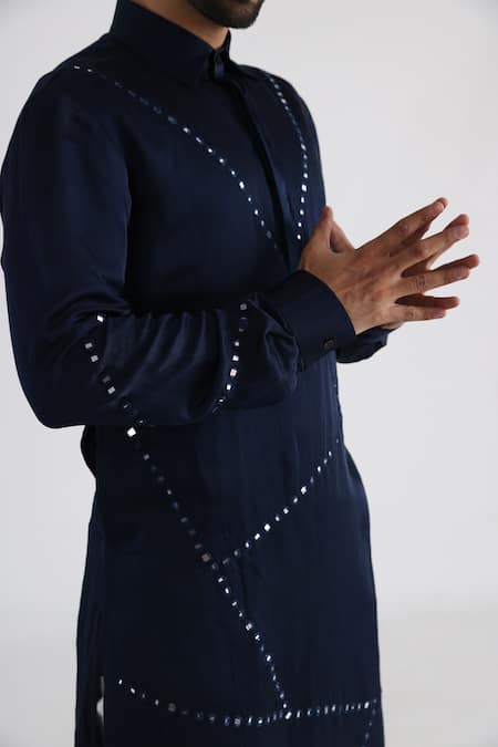 Shop_Smriti By Anju Agarwal_Blue Linen, Satin, Cotton Mirrors Nilah Embroidered Kurta Set _Online_at_Aza_Fashions