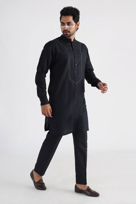 Smriti By Anju Agarwal_Black Handloom , Embroidery Taher Placement Kurta Set _Online_at_Aza_Fashions