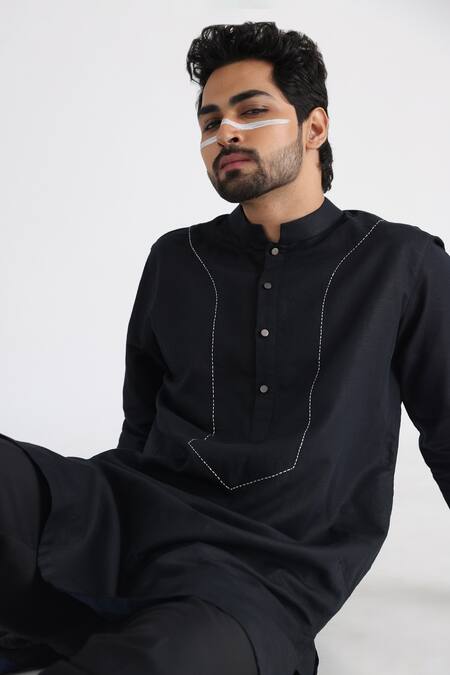 Shop_Smriti By Anju Agarwal_Black Handloom , Embroidery Taher Placement Kurta Set _Online_at_Aza_Fashions