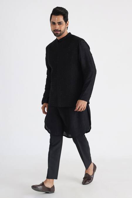 Buy_Smriti By Anju Agarwal_Black Bamboo Embroidery Checkered Nehru Jacket _Online_at_Aza_Fashions