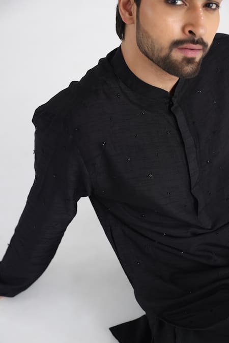 Smriti By Anju Agarwal_Black Bamboo, Silk, Cotton Embroidery Checkered Kurta Set _at_Aza_Fashions