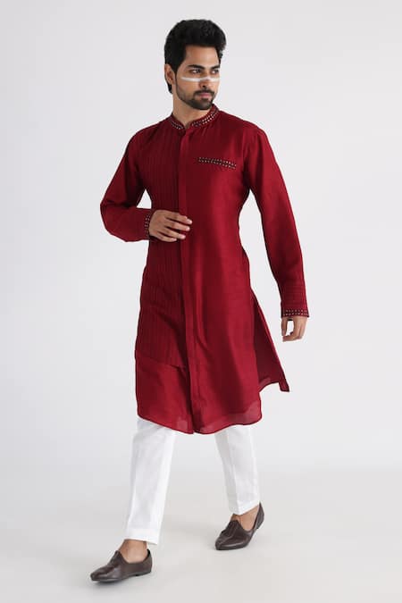 Smriti By Anju Agarwal_Maroon Bamboo, Cotton Sequins, Embroidery Ahmar Textured Pattern Kurta Set _Online_at_Aza_Fashions