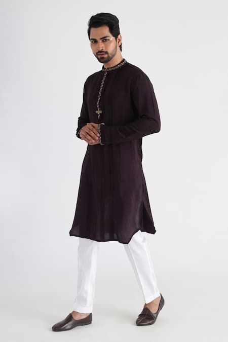 Smriti By Anju Agarwal_Brown Bamboo, Cotton Sequins, Zari, Embroidery Placket Kurta Set _Online_at_Aza_Fashions