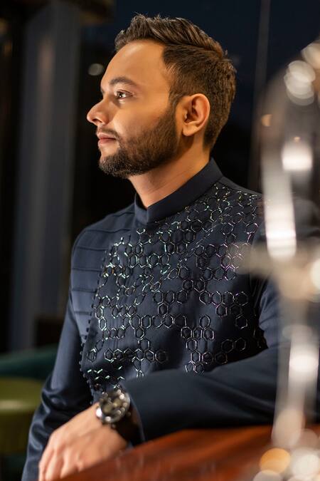 Decemberbyvivek_Blue Terrycloth, Wool Cut Work Honeycomb Pattern Bandhgala Jacket And Pant Set  _Online_at_Aza_Fashions