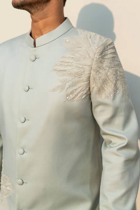 Decemberbyvivek_Blue Terrycloth Sequins, Embroidery Hand Bandhgala Jacket And Pant Set _Online_at_Aza_Fashions