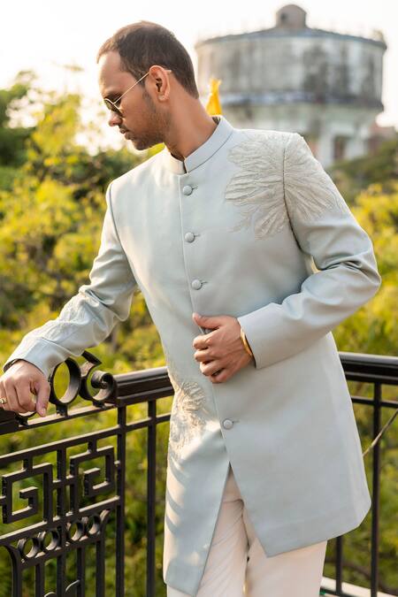 Buy_Decemberbyvivek_Blue Terrycloth Sequins, Embroidery Hand Bandhgala Jacket And Pant Set _Online_at_Aza_Fashions