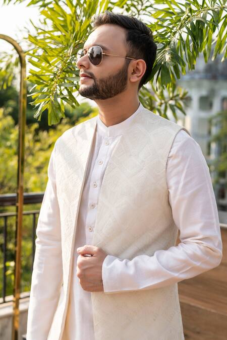 Buy_Decemberbyvivek_Cream Terrycloth Embroidery, Diamonds Hand Jacket And Kurta Set _Online_at_Aza_Fashions