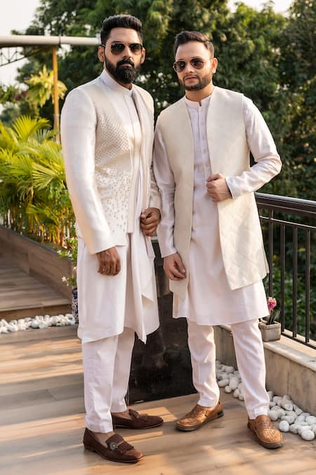 Shop_Decemberbyvivek_Cream Terrycloth Embroidery, Diamonds Hand Jacket And Kurta Set _Online_at_Aza_Fashions