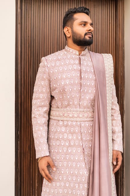 Decemberbyvivek_Purple Silk Embroidery, Beads Flower Motif Sherwani Set _Online_at_Aza_Fashions