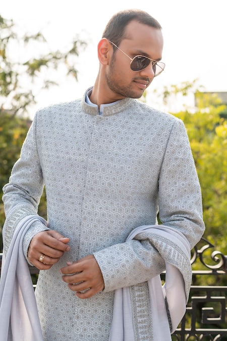 Decemberbyvivek_Blue Silk Beads, Embroidery, Cut Work Flower Sherwani Set _Online_at_Aza_Fashions