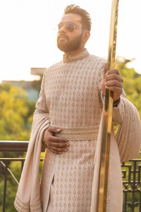 Decemberbyvivek_Beige Silk Embroidery, Beads All Over Leaf Sherwani Set _Online_at_Aza_Fashions