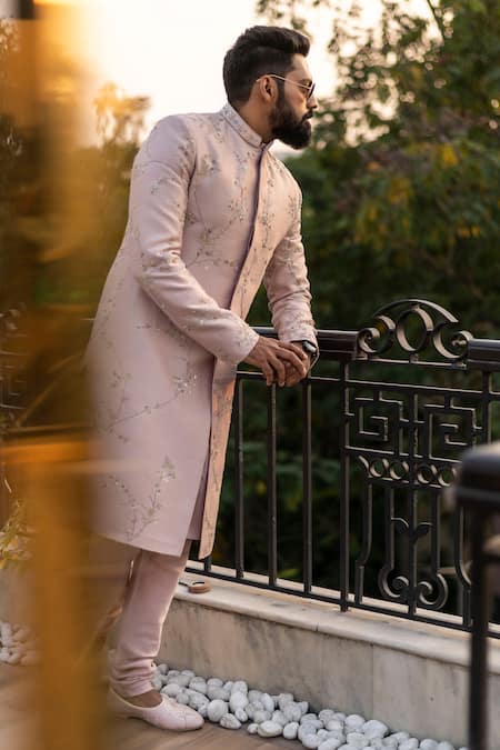 Decemberbyvivek_Peach Silk Beads, Embroidery Hand Cutdana Work Sherwani Set _Online_at_Aza_Fashions