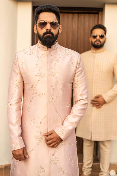 Buy_Decemberbyvivek_Peach Silk Beads, Embroidery Hand Cutdana Work Sherwani Set _Online_at_Aza_Fashions