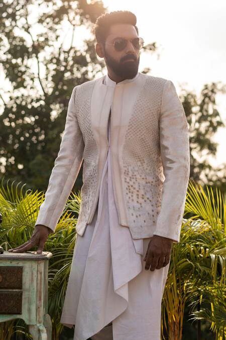 Buy_Decemberbyvivek_Cream Velvet Cut Work Hand Embroidered Jacket Kurta Set _Online_at_Aza_Fashions