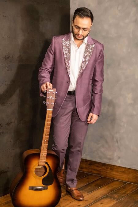 Decemberbyvivek_Purple Silk Embroidery Jacket And Pant Set _Online_at_Aza_Fashions