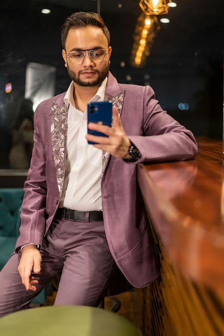 Shop_Decemberbyvivek_Purple Silk Embroidery Jacket And Pant Set _Online_at_Aza_Fashions