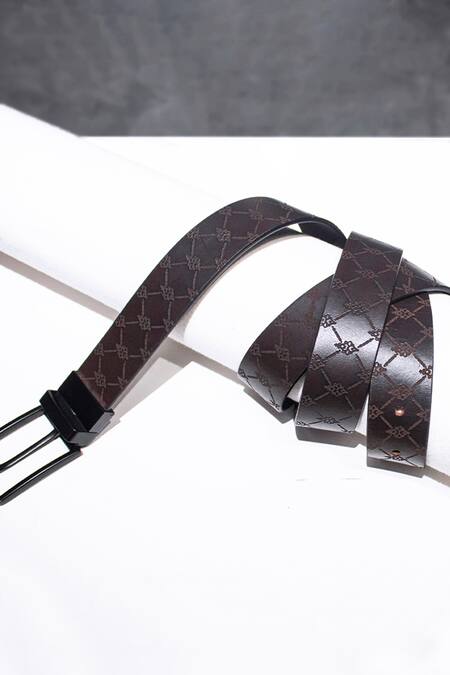 S&N by Shantnu Nikhil_Brown Embroidery Leather Engraved Belt _Online_at_Aza_Fashions