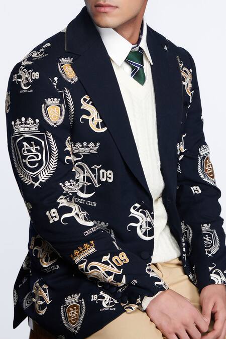 S&N by Shantnu Nikhil_Blue Viscose, Polyester, Faux Leather Embroidery Sncc Logos Embellished Jacket _Online_at_Aza_Fashions