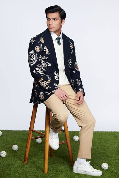 Buy_S&N by Shantnu Nikhil_Blue Viscose, Polyester, Faux Leather Embroidery Sncc Logos Embellished Jacket _Online_at_Aza_Fashions