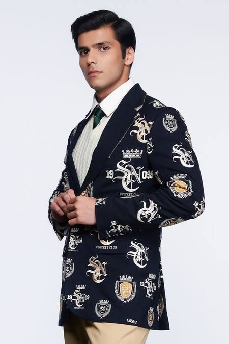 Shop_S&N by Shantnu Nikhil_Blue Viscose, Polyester, Faux Leather Embroidery Sncc Logos Embellished Jacket _Online_at_Aza_Fashions