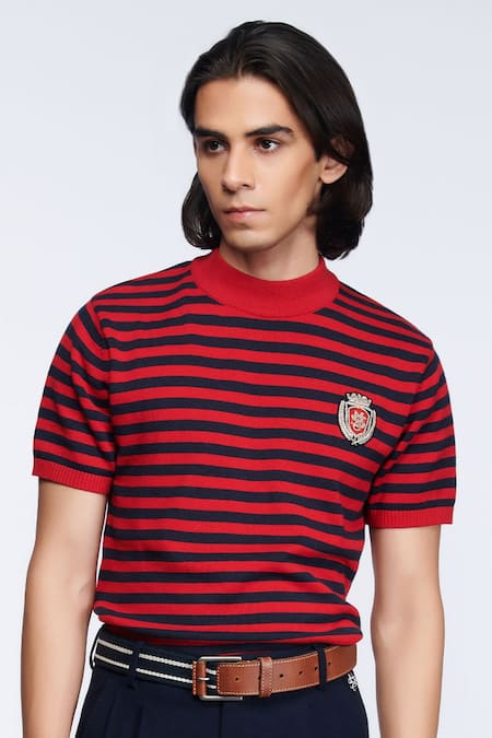 Buy_S&N By Shantnu Nikhil_Blue Cotton Striped Pattern Knitted T-shirt_Online_at_Aza_Fashions
