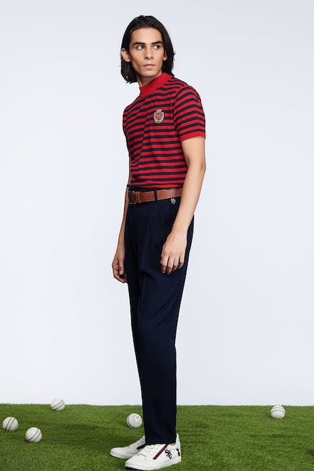 Shop_S&N By Shantnu Nikhil_Blue Cotton Striped Pattern Knitted T-shirt_Online_at_Aza_Fashions