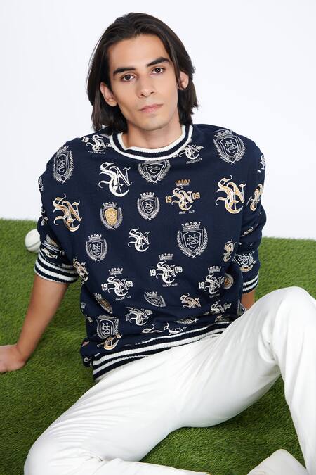 S&N By Shantnu Nikhil_Blue Viscose, Polyester, Faux Leather Sncc Logo Embellished Sweatshirt_Online_at_Aza_Fashions