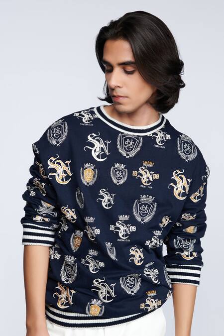Buy_S&N By Shantnu Nikhil_Blue Viscose, Polyester, Faux Leather Sncc Logo Embellished Sweatshirt_Online_at_Aza_Fashions