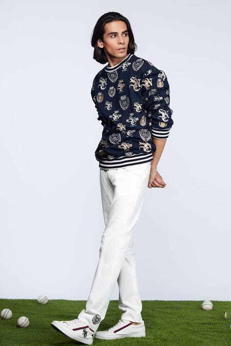 Shop_S&N By Shantnu Nikhil_Blue Viscose, Polyester, Faux Leather Sncc Logo Embellished Sweatshirt_Online_at_Aza_Fashions